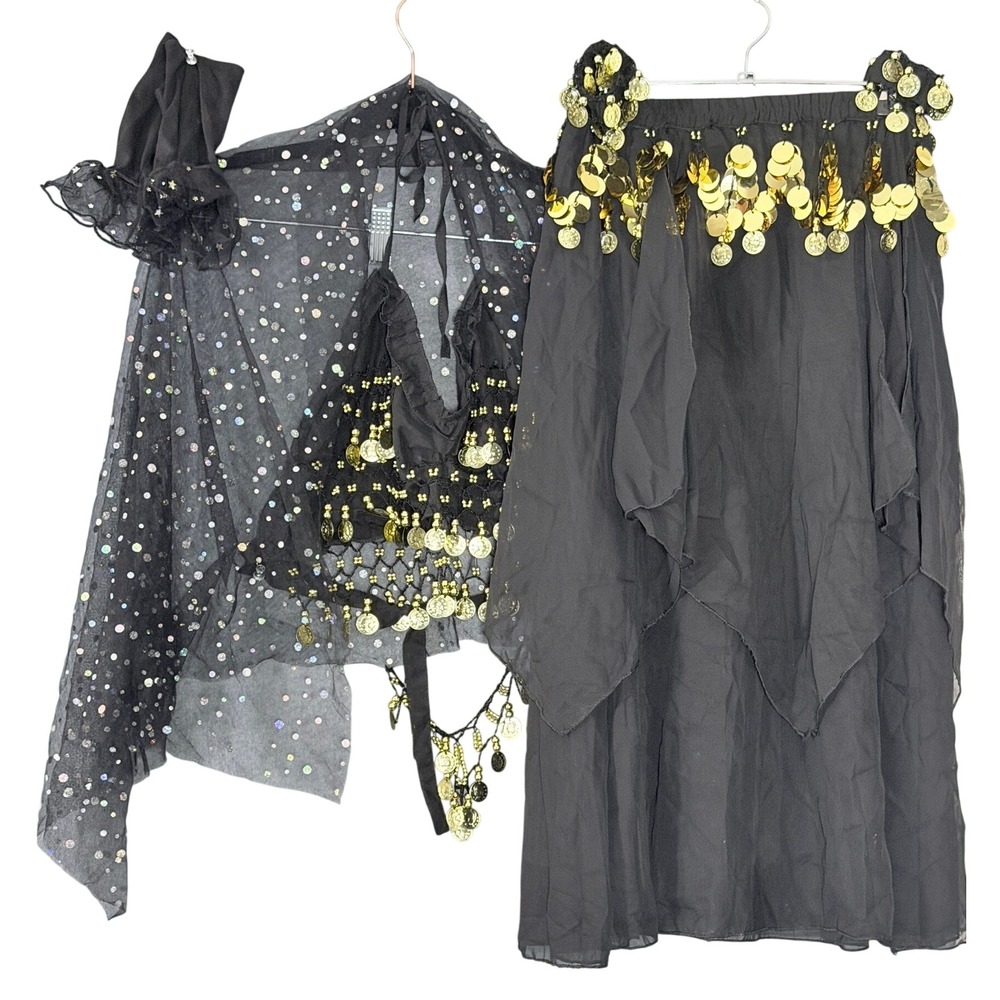 Belly Dance Costume Girls Medium Black Gold Coin Sequin Sparkle Exotic Set